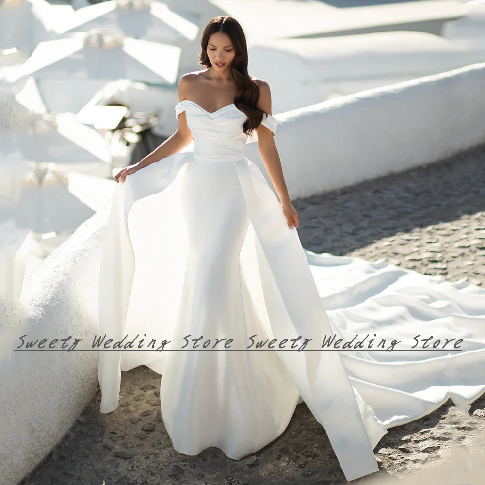 

2023 Off The Shoulder Wedding Dress with Detachable Skirt Custom Simple Satin Mermaid Wedding Gown Court Train Bridal Dresses