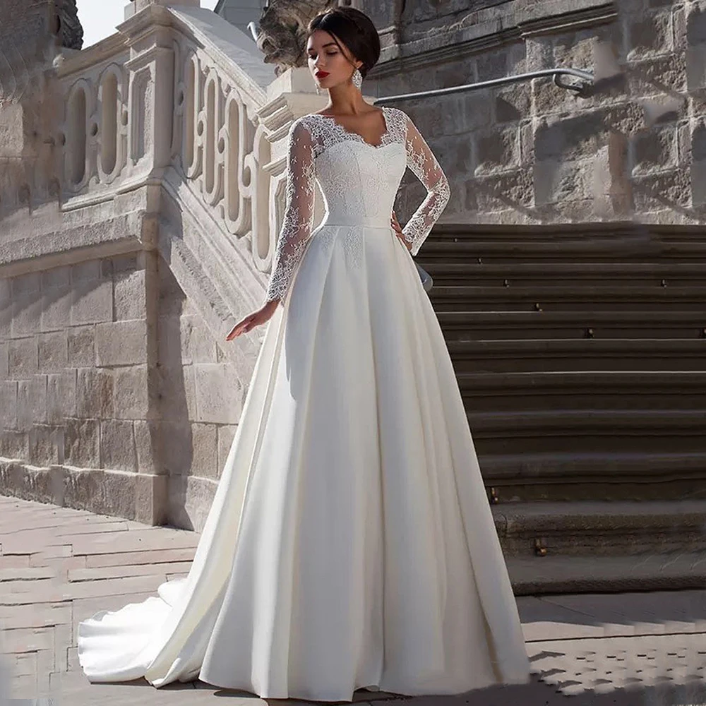 Купи HUNXIU A-Line Floor Length Wedding Dress Illusion Tulle Lace Applique Long Sleeve V-Neck Satin Bride Formal Church Marriage Gown за 4,960 рублей в магазине AliExpress