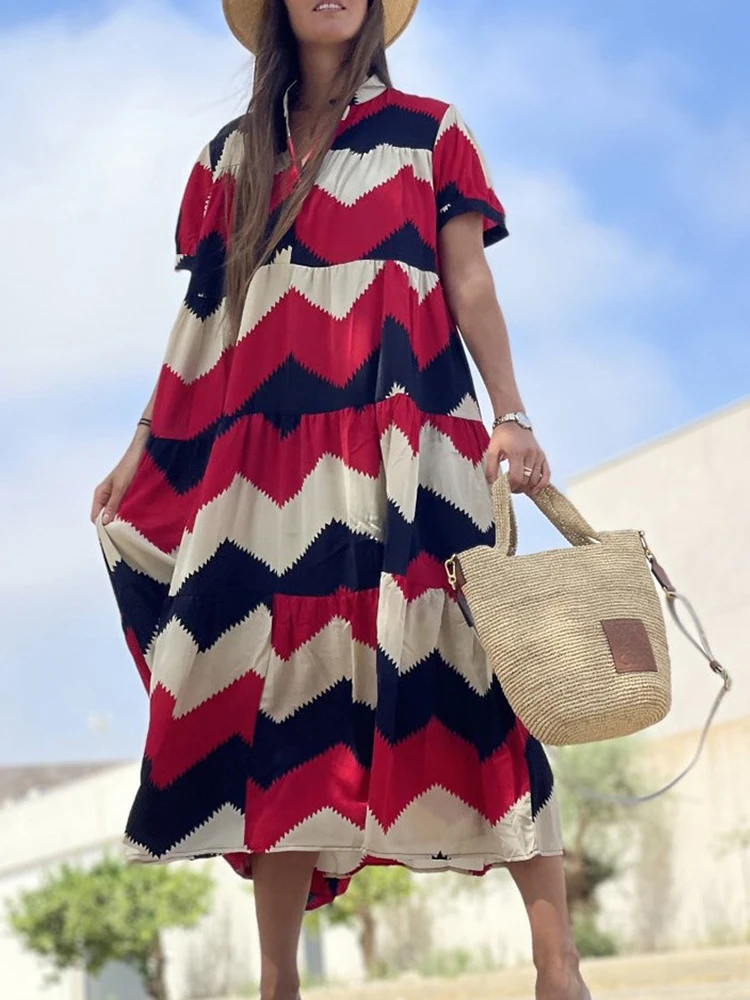 

Striped Long Dress Women Boho Vintage Dresses Female Fashion V-neck Short Sleeve Shirt Dress Ladies Summer Button Loose Dress