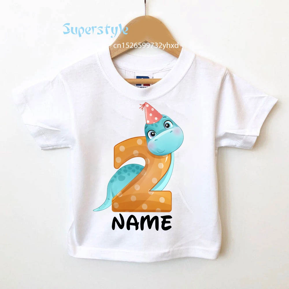 

2023 Cartoon Dinosaur Birthday Number 1-9th Print Name Baby Kid T-shirt Children Birthday Boy Present Clothes Fashion Tops Shirt