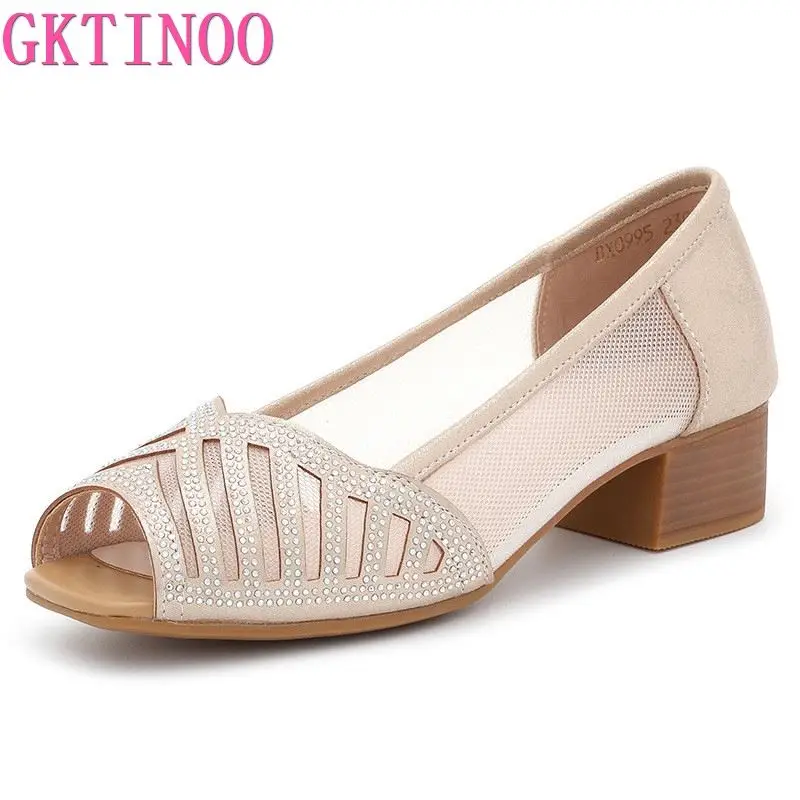 

GKTINOO/летние женские туфли-лодочки; Вечерние дышащие босоножки с открытым носком из сетчатого материала; Модная женская обувь с вырезами на квадратном каблуке; Большие размеры 35-42