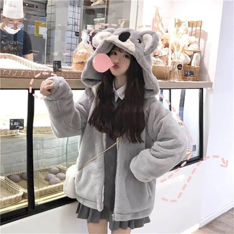 

Plush Jacket Female New Style Japanese Soft Girl 2021 Winter Cute Koala Ear Hooded Jacket Student Thickened Furry Jacket Girl