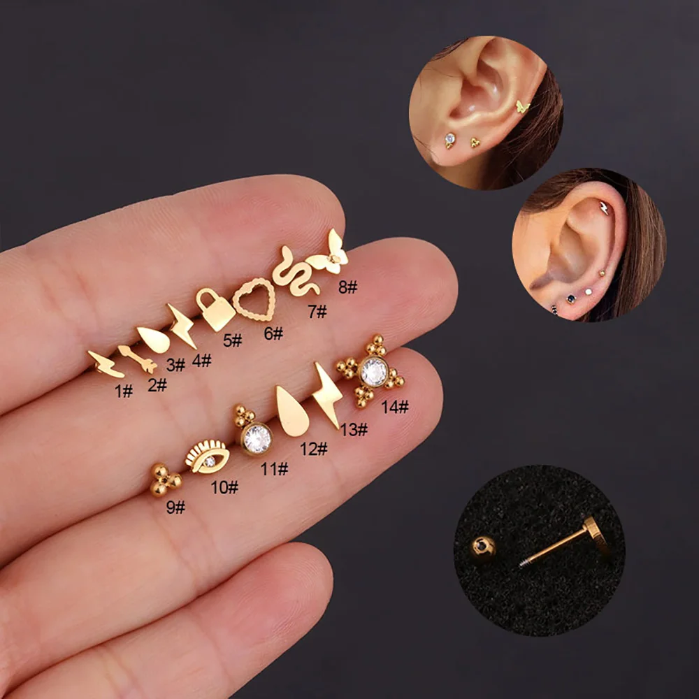 

1pc Gold Color Stud Earrings For Women Butterfly Snake Ear Piercing Stainless Steel Cartilage Tragus Helix Daith Conch Jewelry