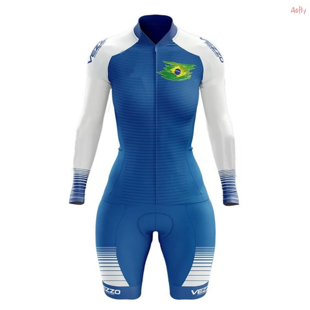 

VEZZO Women's Cycling Clothes Triathlon Skinsuit Sets Professional Brazil Macaquinho Ciclismo Feminino GEL Long Jumpsuit Kits