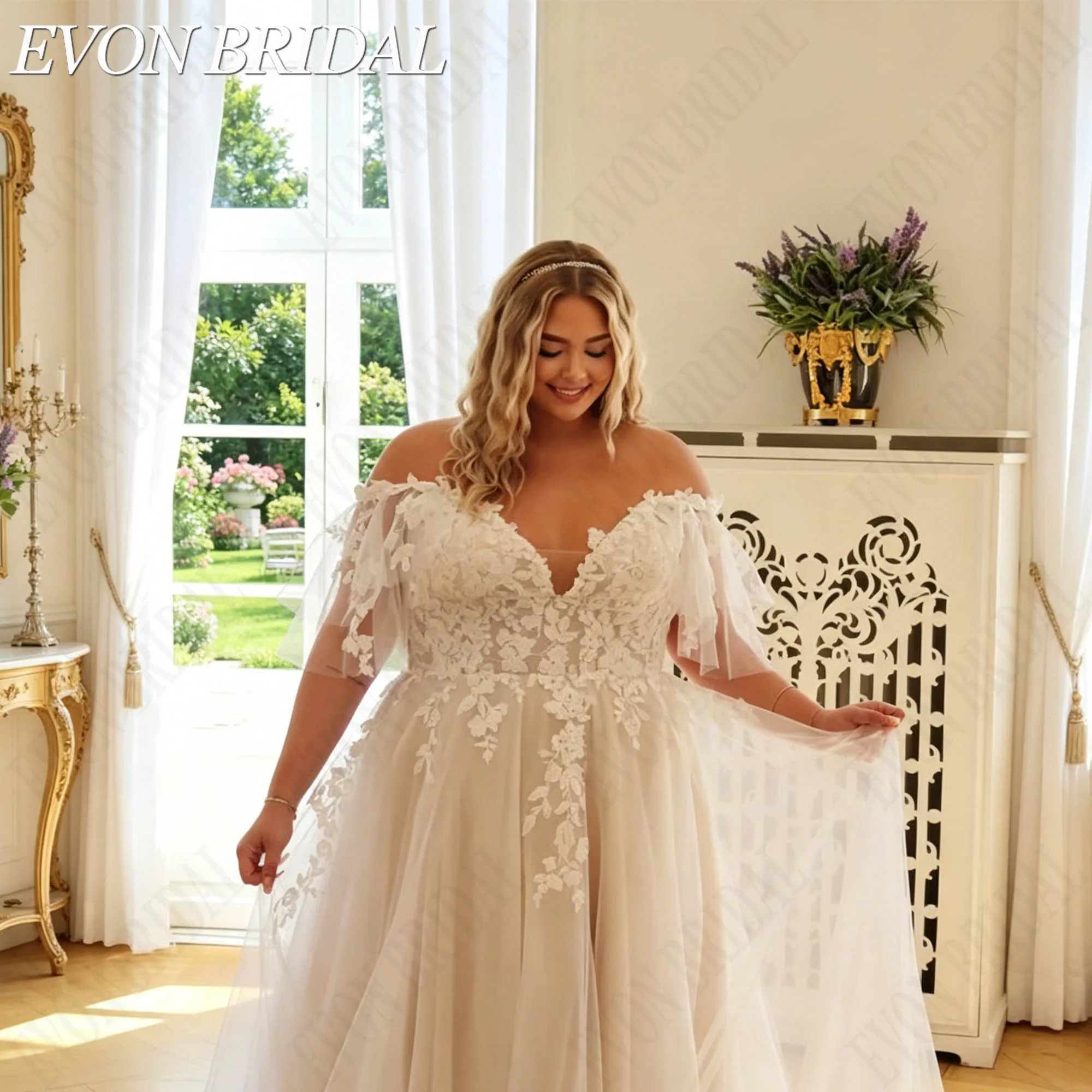 Фото EVON BRIDAL Свадебное платье больших размеров с кружевными аппликациями V-образный вырез из тюля А-силуэт на одно плечо индивидуальный пошив невесты платье для свадебной церемонии официального бракосочетания №3