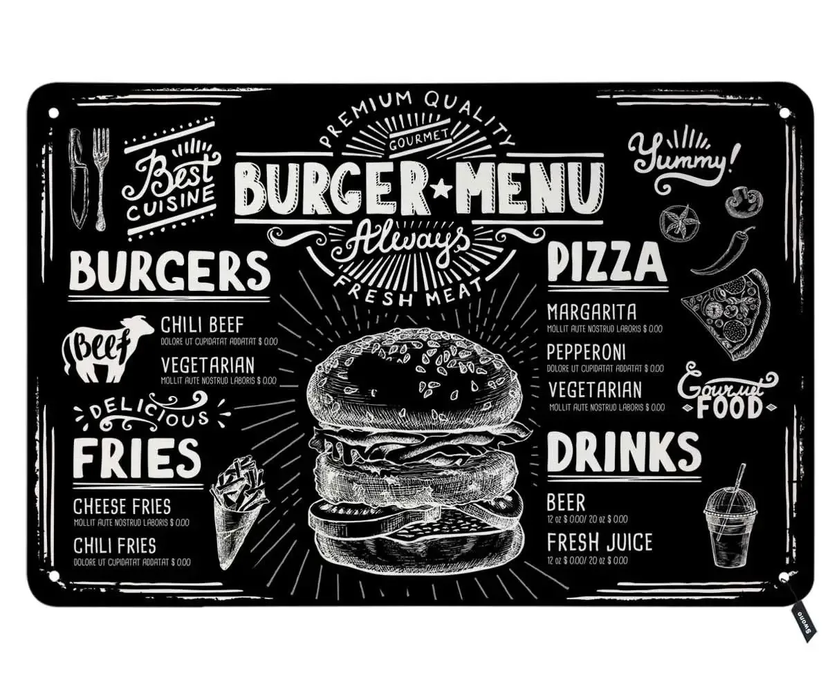 

Жестяные знаки с гамбургерами для мужчин и женщин, винтажный металлический жестяной знак с изображением пиццы, картошки фри, напитков на за...