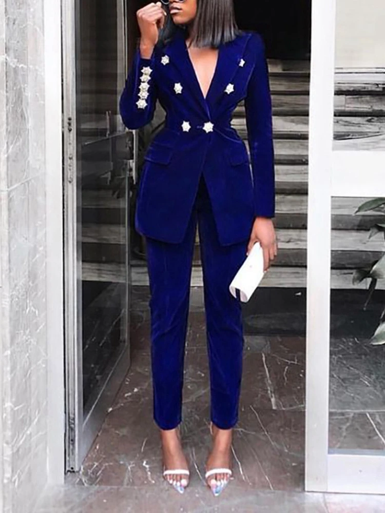 Women's Suits 2 Pieces Elegant Double Breasted Velvet Blazer Jacket Pants Tuxedo