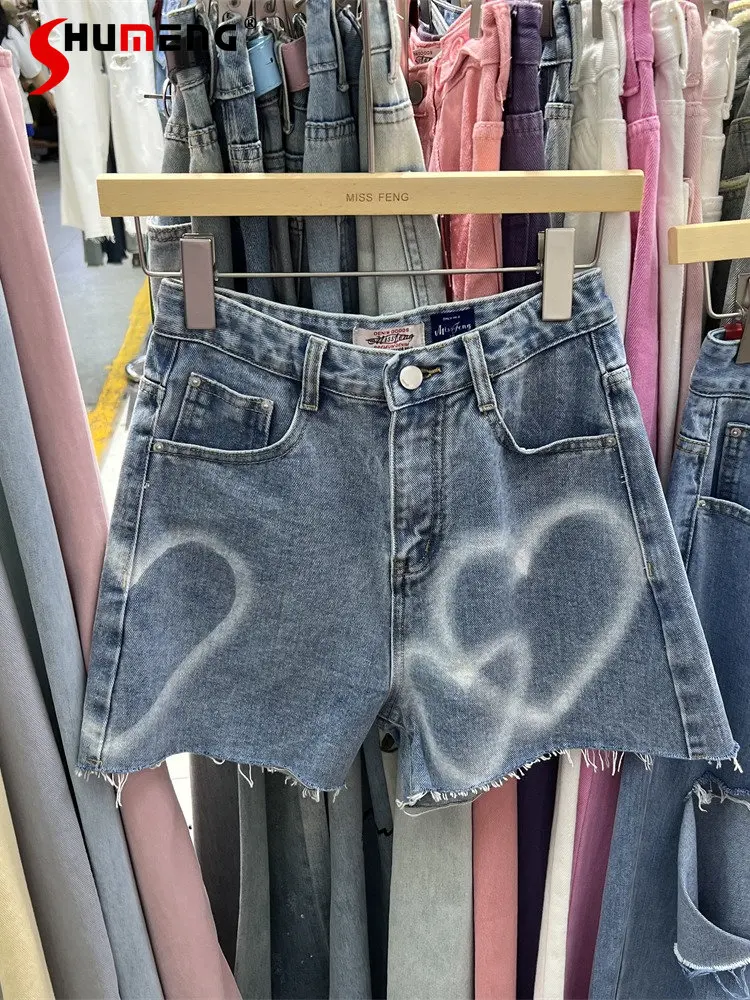 

Sweet Women's Summer White Love Pattern Raw Edge Jean Shorts 2023 New Korean Style Ladies Loose Raw Hem Wide Leg Denim Hot Pants