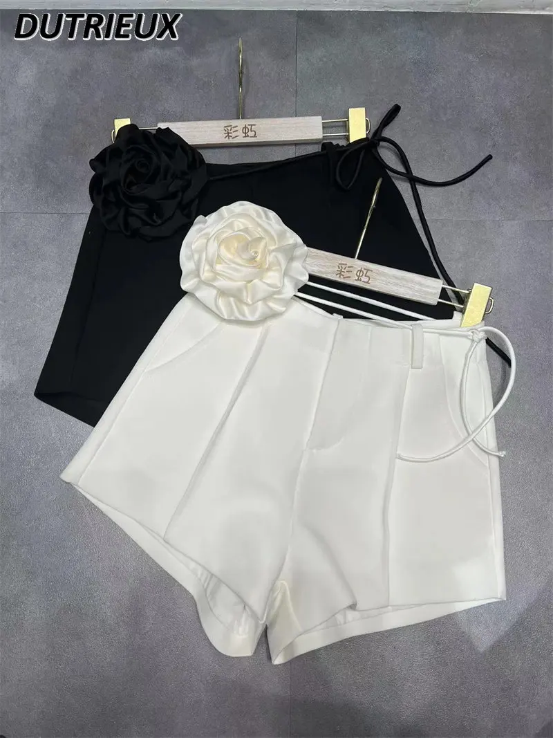 

2023 New Summer Lady Shorts All-Matching High Waist Shorts Three-Dimensional Flower Solid Color A- Line Casual Shorts for Women