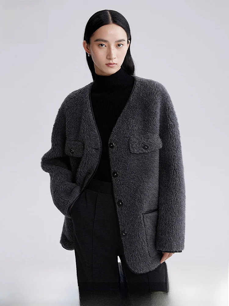 HS Темно-серая изящная верхняя одежда 2023 зимняя новая женская шерстяная модная High