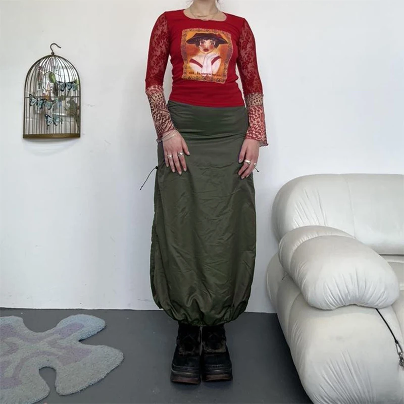 

HEZIOWYUN Vintage Retro Baggy Drawstring Zip Ruched High Waist Long Lantern Skirt Chic Women Y2K Harajuku Grunge Streetwear