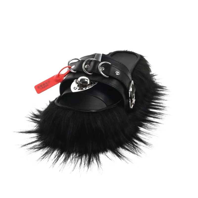 Sinking SINKing | Net Series Faux Fur Black Sliders Black Punk Fur Slippers