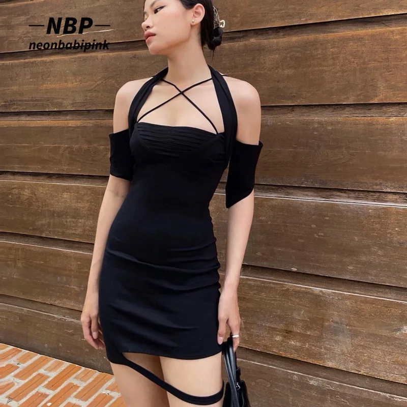 

NEONBABIPINK Criss Cross Halter Mini Dresses for Women Summer 2022 Fashion Sexy Black Cut Out Bodycon Dress Clubwear N33-CD18