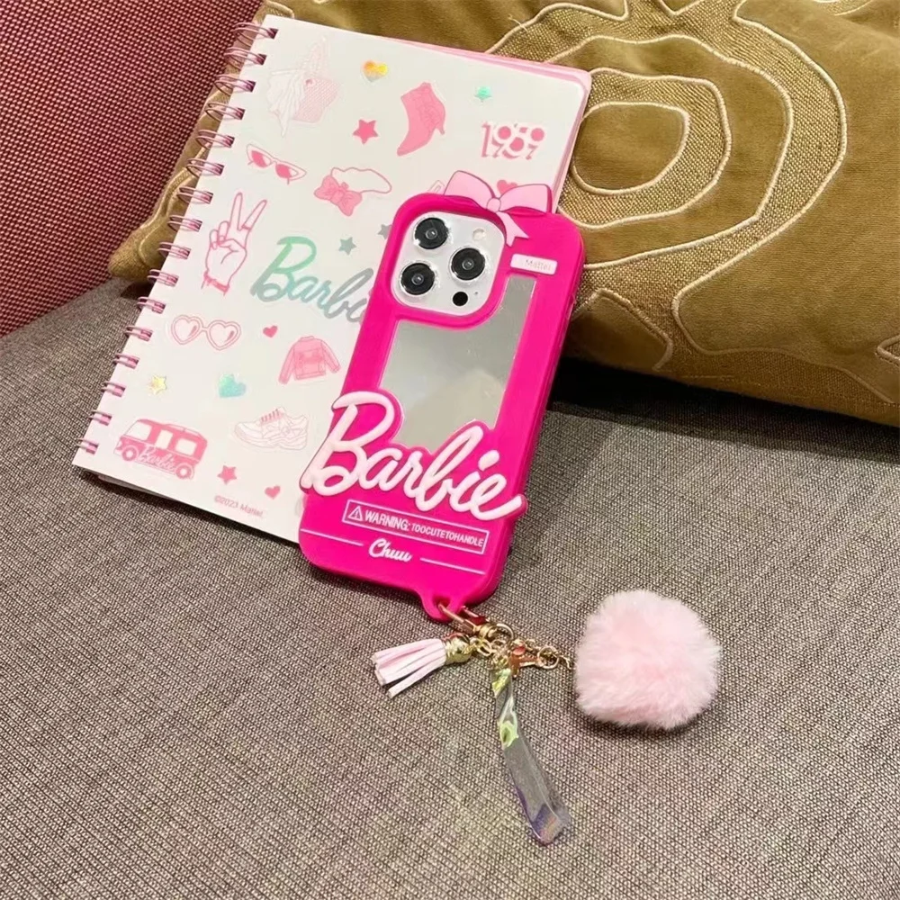 For iPhone 16 15 14 13 12 11Pro Max 6 7 8 Plus X Xs Cartoon Barbie Makeup Mirror Strap Phone Case Soft Silicone Cover
