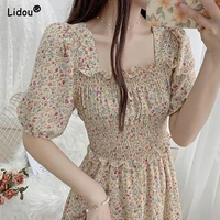 square collar mid calf dresses casual floral empire chiffon pullover womens clothing short sleeve summer printing comfortable