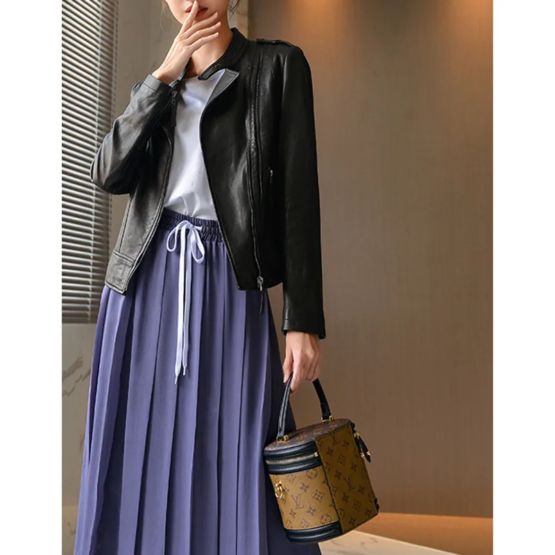 Genuine Leather Coat Female Short Jacket Spring And Autumn Women's Slim Sheepskin Stand Collar Slim Western Jacket