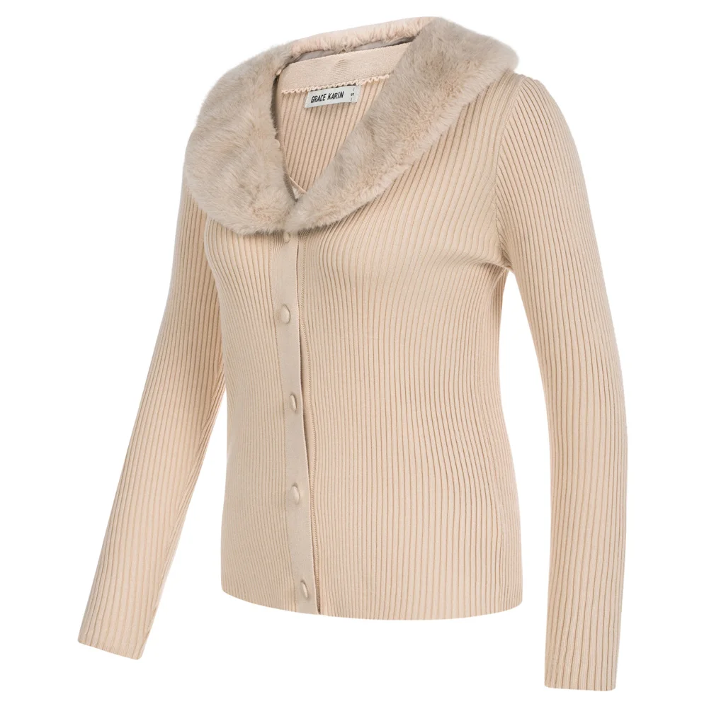 

GK Women Faux Fur Collar Decorated Cardigan Long Sleeve V-Neck Sweater