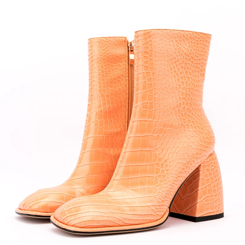 Concise Fashion Winter Boots Women Shoes Thick High Heel Square Toe Crocodile Print Boots Side Zip 2022 In Stock