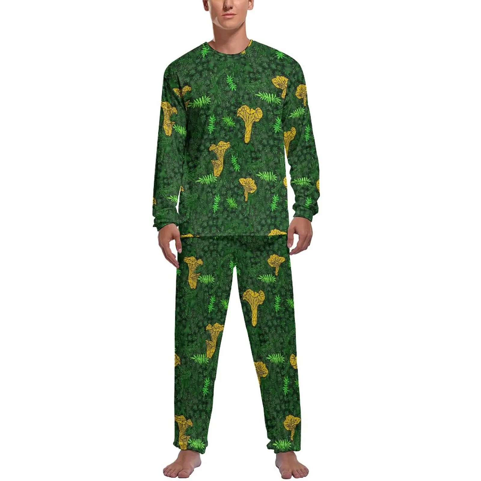 

Chanterelle Moss Pajamas Winter Green Leaf Print Sleep Sleepwear Men Two Piece Custom Long Sleeve Cute Pajama Sets