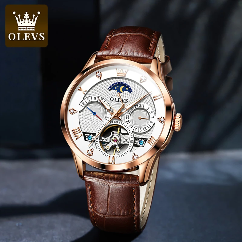 OLEVS New Luxury Tourbillon Mechanical Watch Men Leather Strap Classic Design Brand Waterproof Luminous Automatic Watches Mens