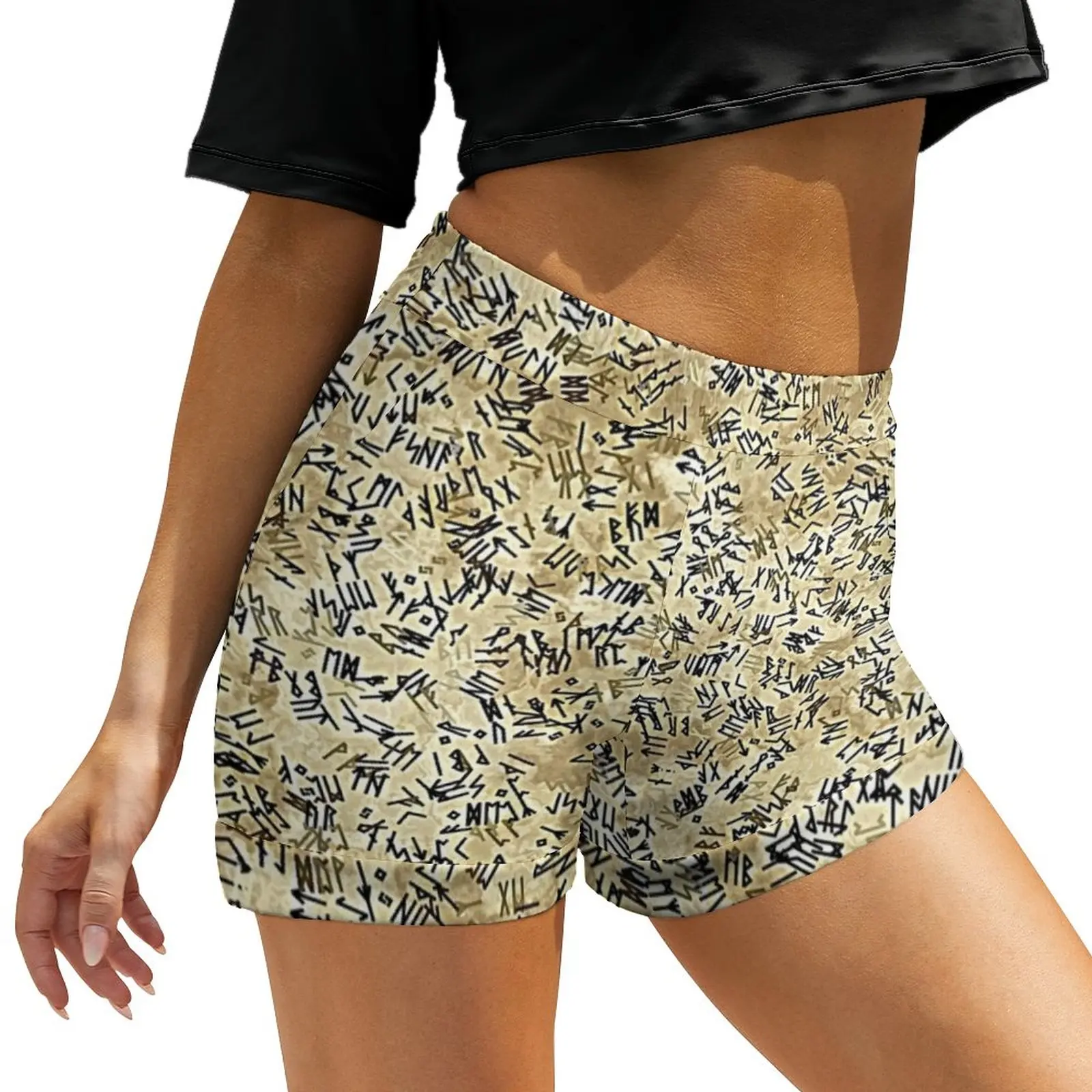 Abstract Letters Print Shorts Womens Endless Chatter Street Style Printed Shorts High Waist Oversize Short Pants Modern Bottoms