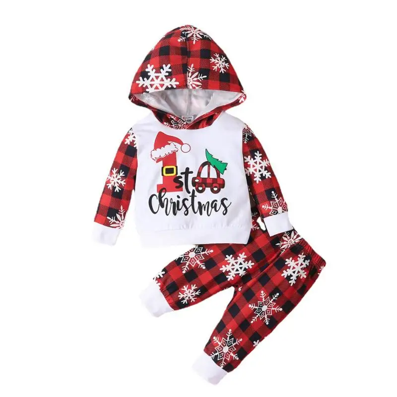 

Christmas 2Pcs Set Winter Novelty Kids Clothes Baby Boys Long Sleeve Hooded Letter Sweatshirt Hoodies Plaid Pant Suits 3-24M