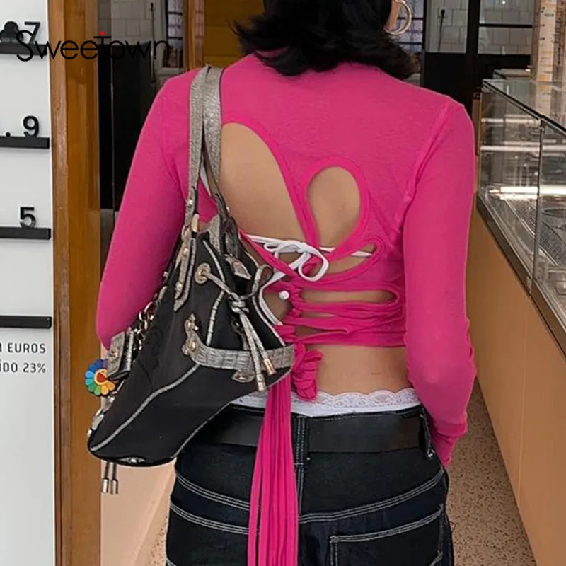 

Sweetown Ballet Style Slim Pink Y2K T-Shirt Women Back Hollow Out Lace-Up See Through Elegant Sexy Crop Tops Long Sleeve Tees