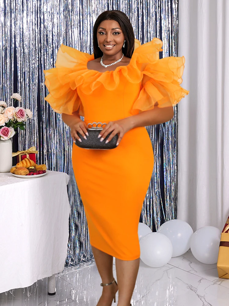 

Plus Size 4XL Ruffle Party Dresses Bodycon Pleated Tulle See Through Robes Short Sleeve High Waist African Gowns Evening Vestido