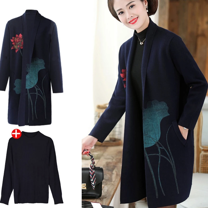 High Quality 2022 New Autumn Middle-aged Mother Knit Sweater Wool Cardigan Jacket Noble Elegant Women Cashmere Sweater Long Coat