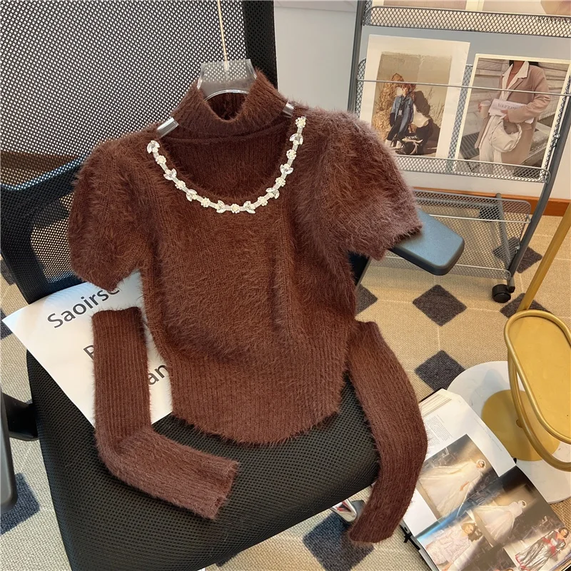 Pure Desire Gyaru вязаный женский свитер на рукавах со стразами осень 2024 новый дизайн