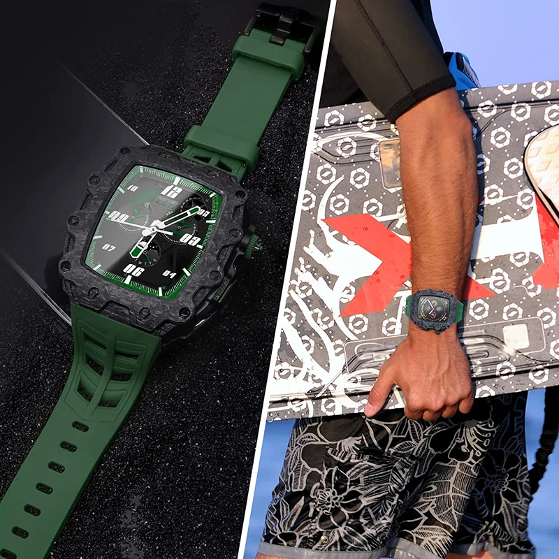 Carbon Fiber Strap for Apple Watch Mod Kit 45mm 44mm Band Rubber Bracelet Wristband for iWatch 8 7 654 SE Modification Kit Strap