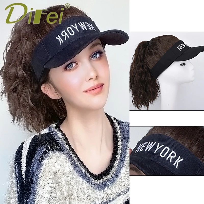DIFEI Synthetic Hat Wig Shade Sun Cap Hair Extension Curly Woman Fashion Daily Wear Black Brown Water Ripple Hair Extensions