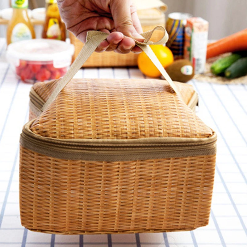 Portable Wicker Rattan Outdoor Picnic Bag Waterproof Tableware Insulated Thermal Cooler Food Container Basket for Camping