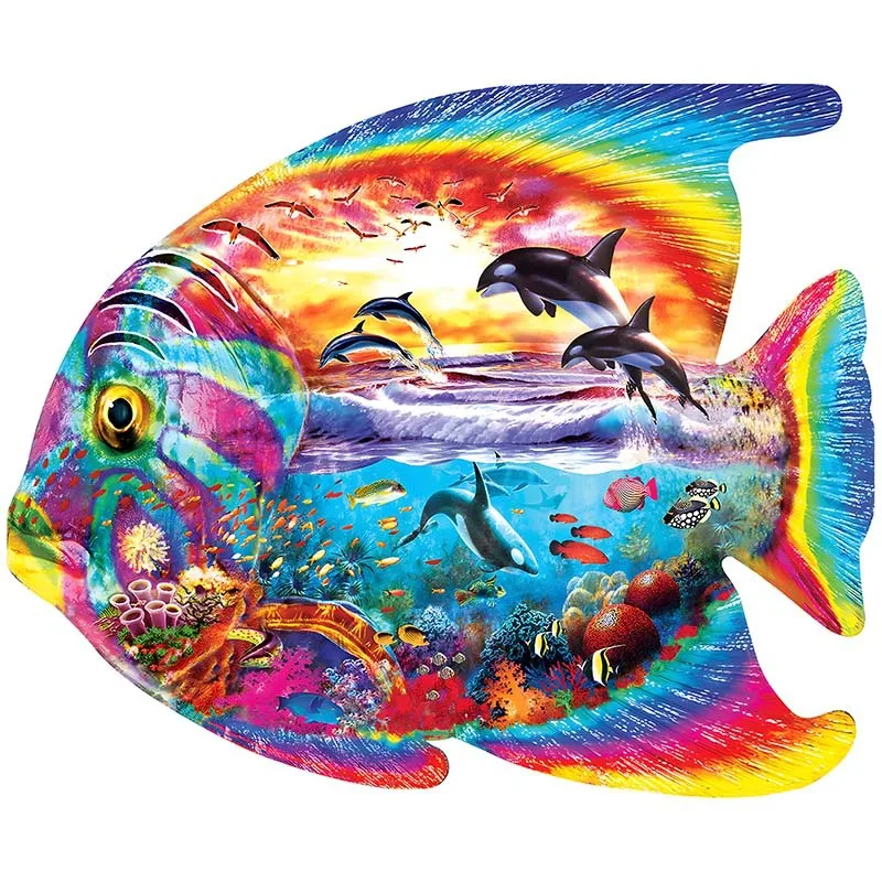 

High Difficulty Unique Shape Animal Wooden Puzzle Rainbow Fish Puzzle Family Games Home Decoration Educational Toy for Kids Gift