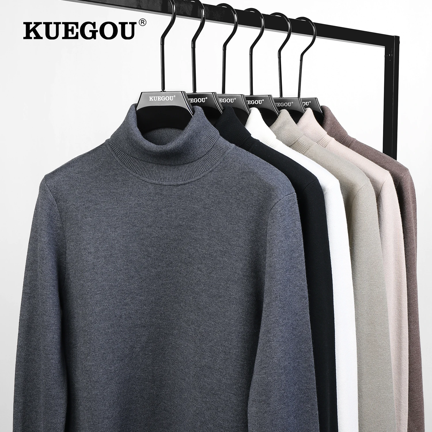 

KUEGOU 2022 Autumn Winter New Men's Turtleneck Sweater High Quality Jumper Slim Fit Male Knitting Pullovers Warm Plus Size DR01