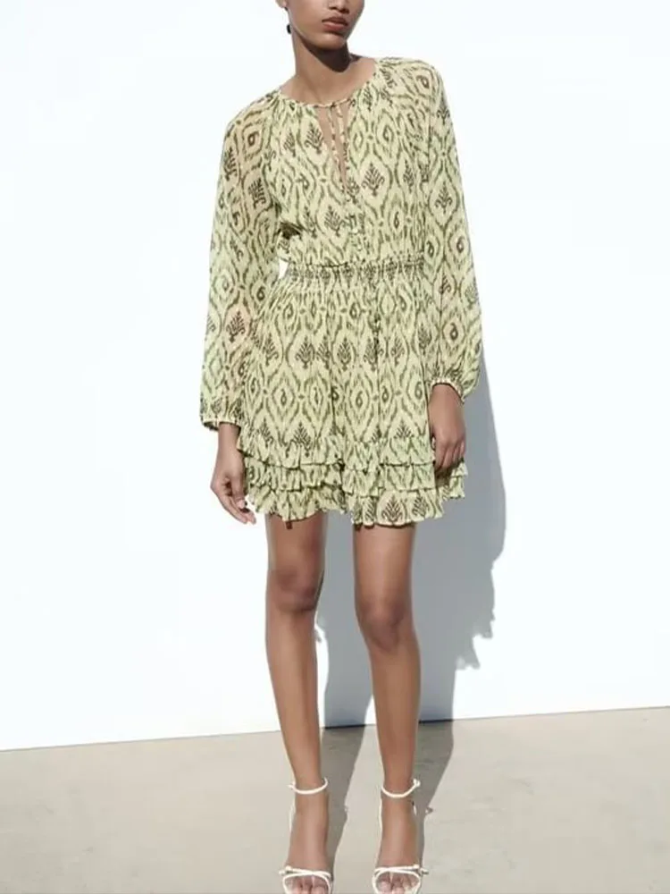 

New women's summer fashion French holiday elegant sweet foreign style thin V-neck printed linen yarn dress tide