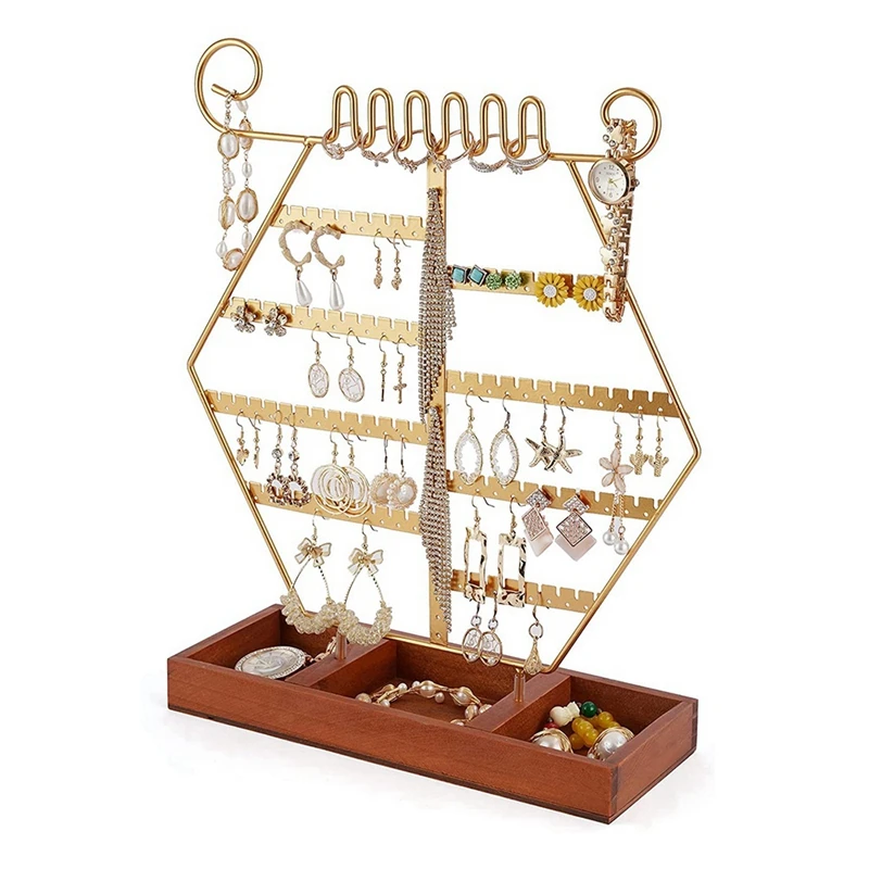 

Earring Holder Jewelry Organizer Stand,Hexagonal Earring Organizer Ear Stud Holder With Wooden Tray,For Bracelet Display