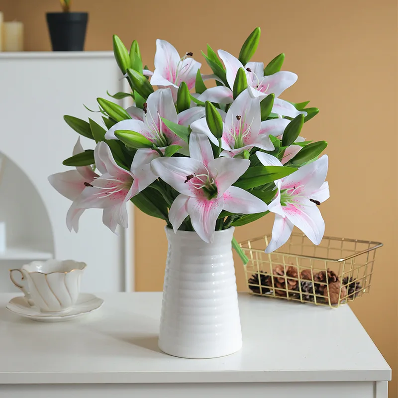 

5Pcs 38cm White Lily Artificial Flowers Party Wedding Bridal Bouquet Fake Plant for Living Room Home Garen Decoration Real Touch