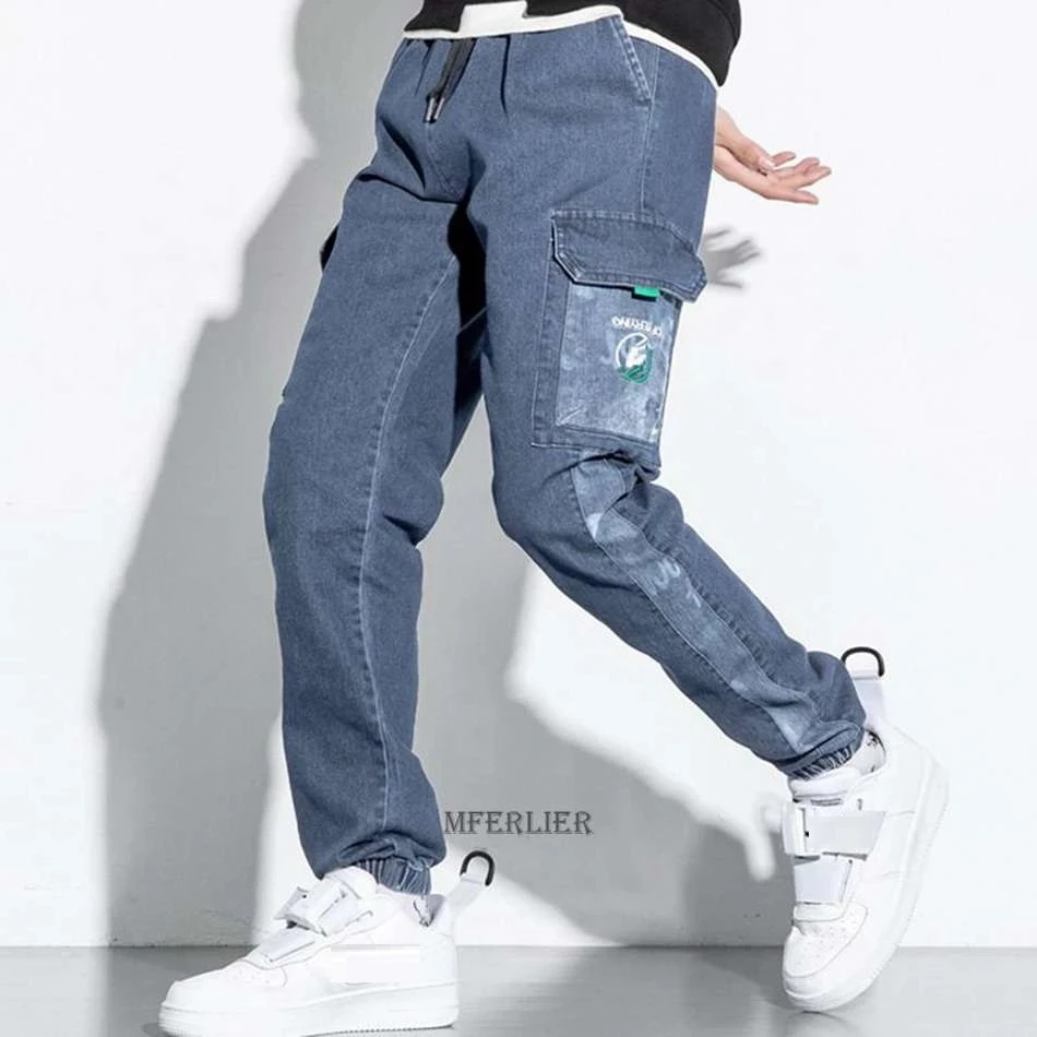 

summer autumn men korea style jeans pockets plus size 7XL 8XL high street camouflage letter loose elasticity skateboar pants