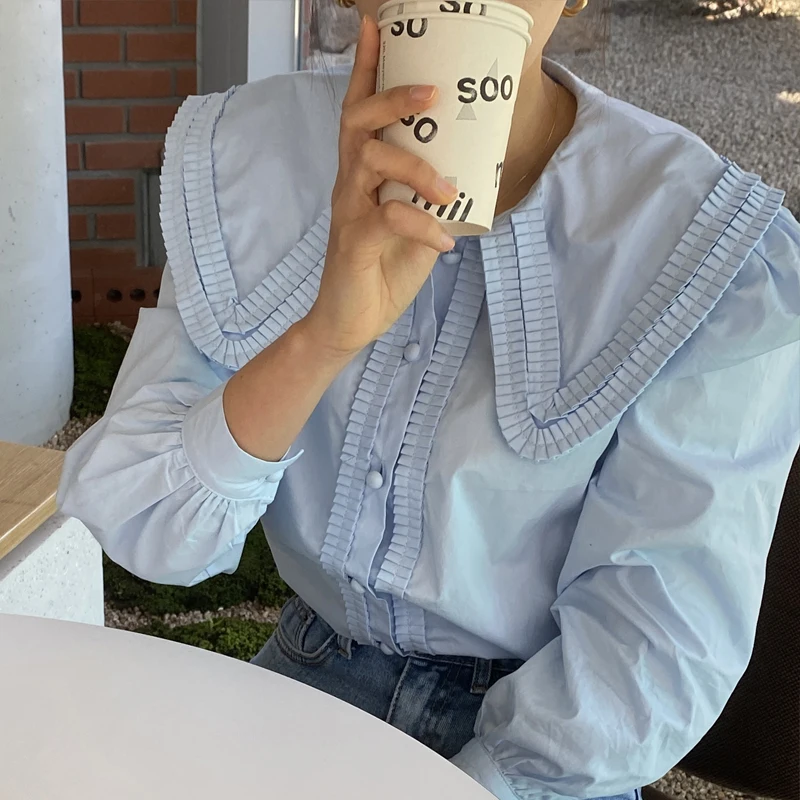 Винтажный буф с длинным рукавом Женская белая рубашка отложным воротником