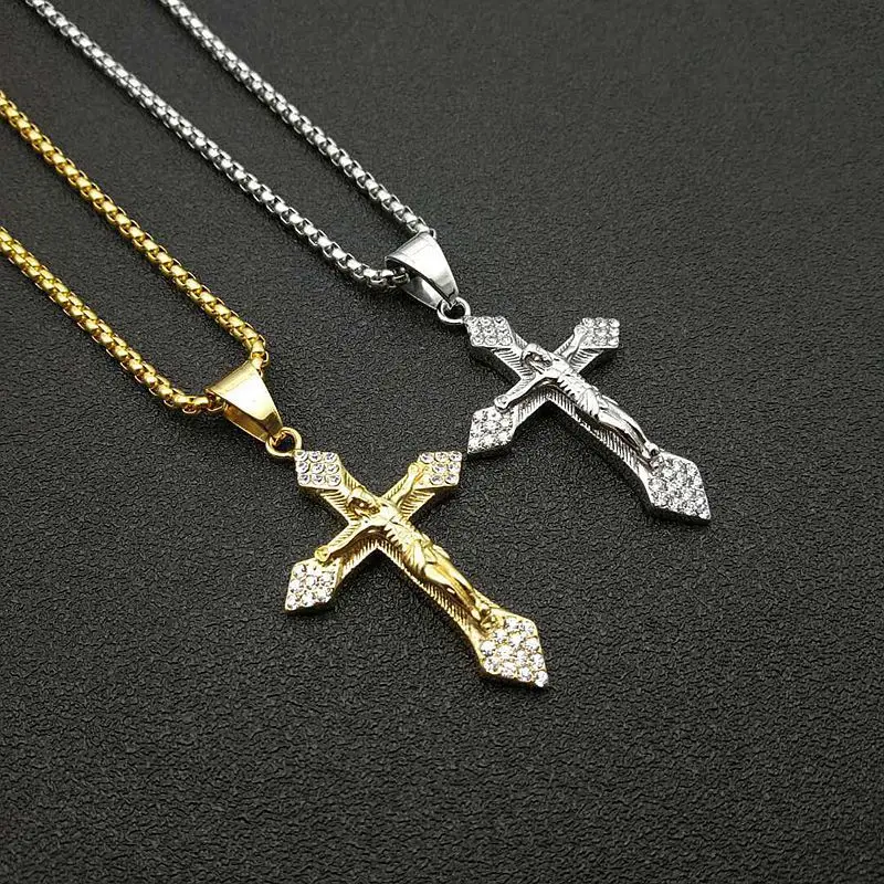 

Jesus Cross Pendant Necklace Men's Fashion Titanium Steel Gold Plated Rhinestones Catholic Religion Fashion Jewelry