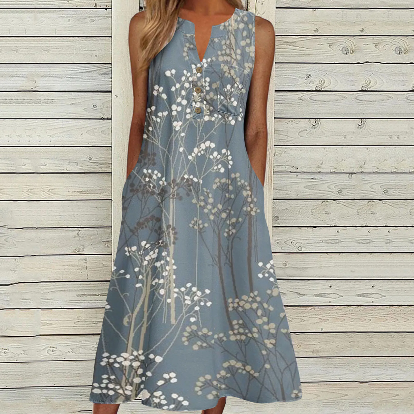 

Women V Neck Dresses Sleeveless Button Printing T Shirt Midi Dress Casual Loose Sundress With Pockets Dress