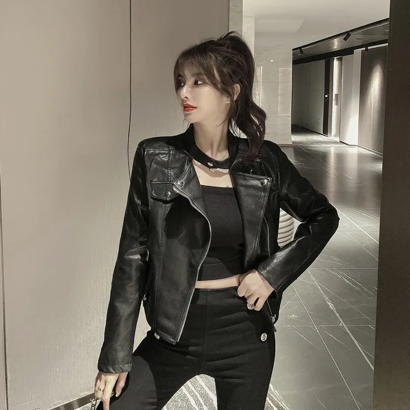 Fashion Coat Short PU Leather Long Sleeve Pu Leather Skinny Slim Jacket Top Women's Loose Cardigan Women's Autumn