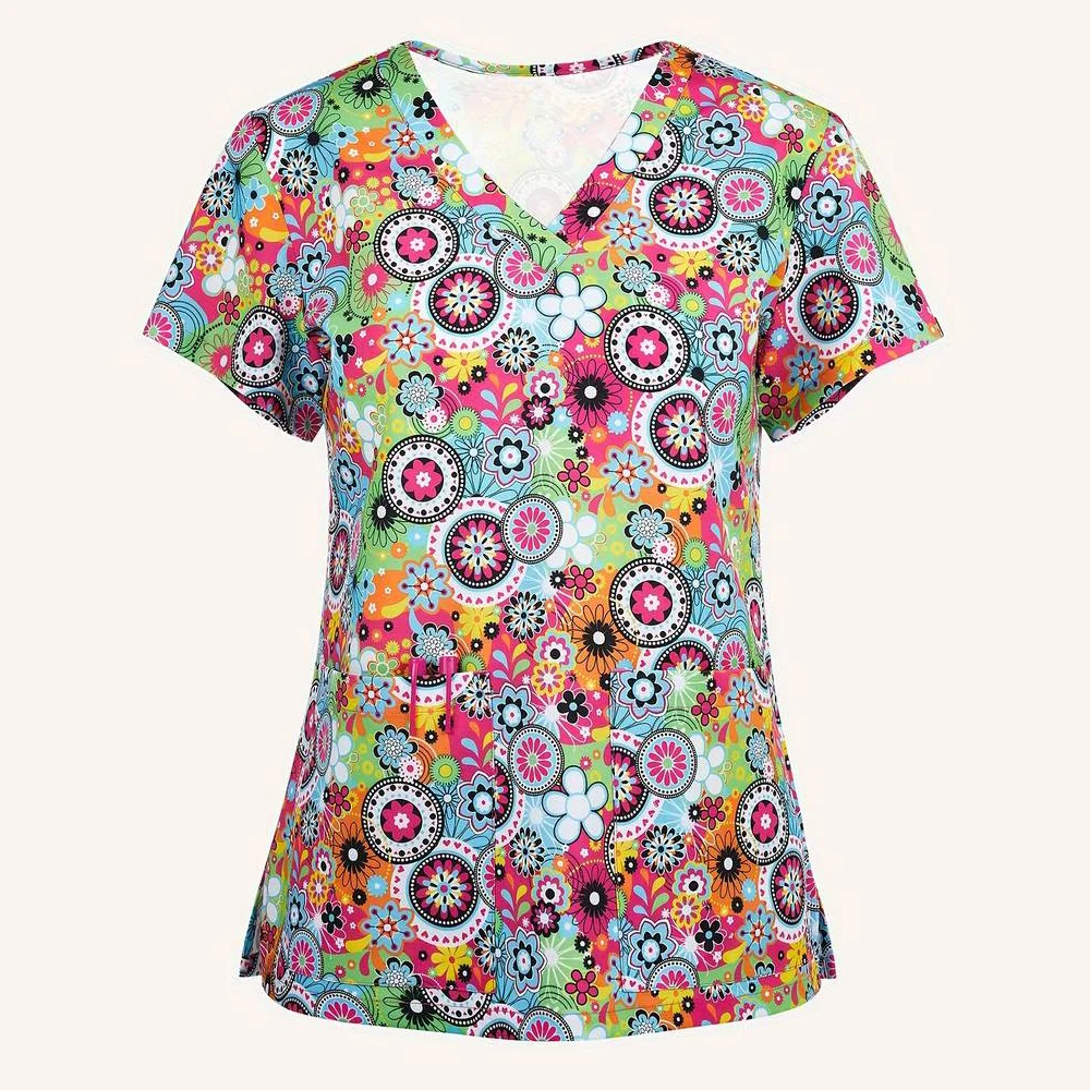 Женская медицинская мода с цветочным принтом и v-образным вырезом топы для