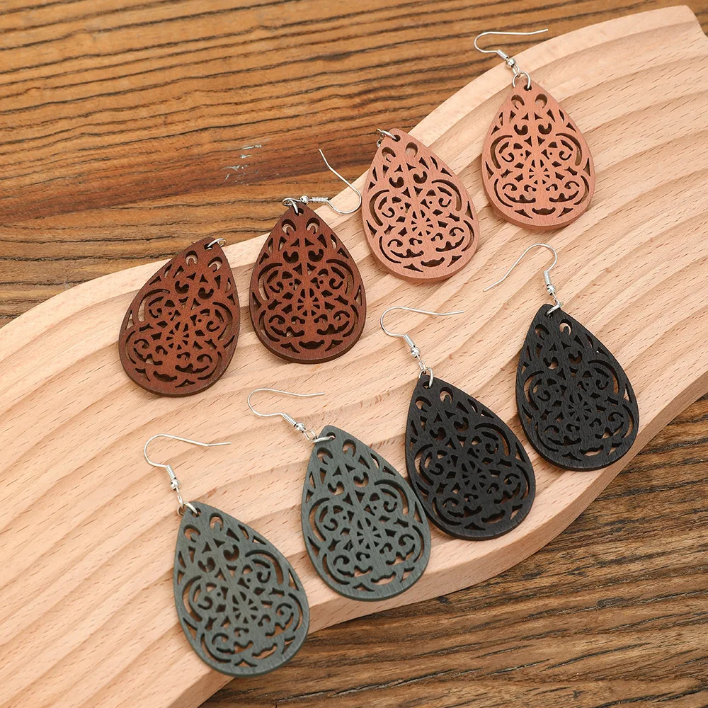 Деревянные ретро богемные полые резные серьги в этническом стиле 4 пары