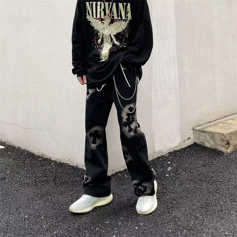 Y2K Men Vintage Streetwear Korean Black Retro Jeans High Waiste Straight Pants Denim Trousers For Women Fairy Grunge Alt Clothes