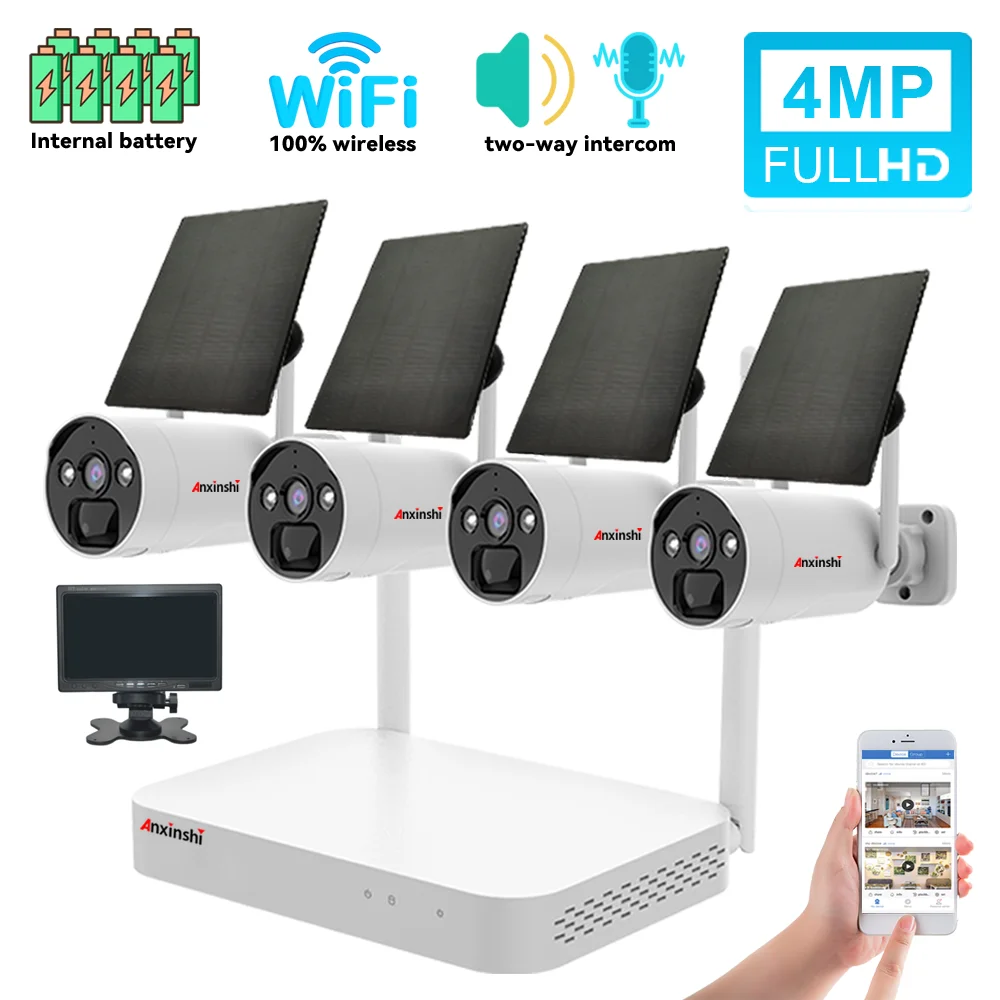 Outdoor Wifi 4 Channels 2k Cctv Camera Nvr Kit With Monitor