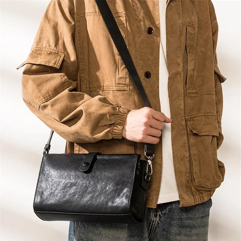 Business casual designer luxury genuine leather men's messenger bag simple real cowhide youth work black large shoulder bag