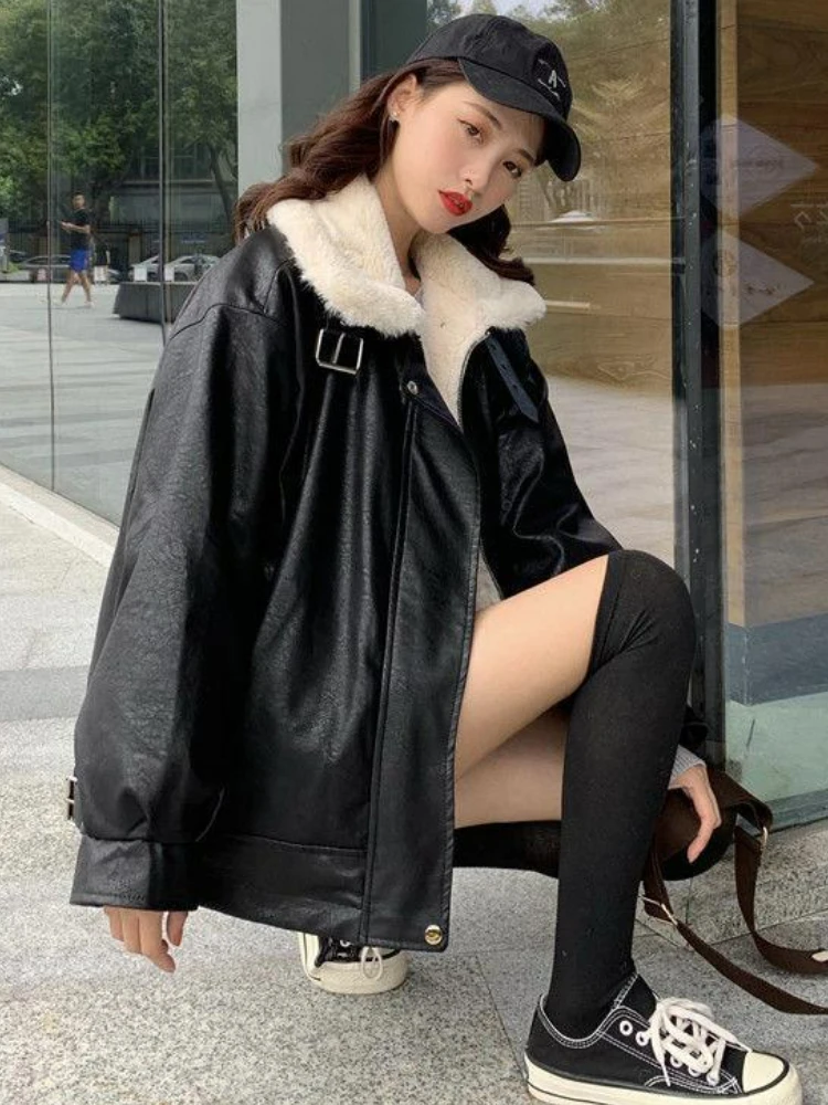 Black Winter Leather Jacket Women Korean Fashion Warm Loose Faux Fur Leather Coat Female Autumn Vintage Casual Chic Biker Jacket