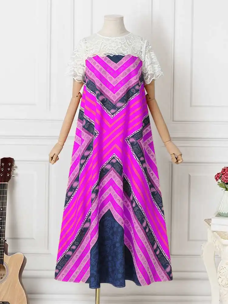 VONDA Plus Size 5XL 2023 Summer Dress Lace Maxi Sundress Women Short Sleeve Casual Print Party Elegant Patchwork Beach Robe